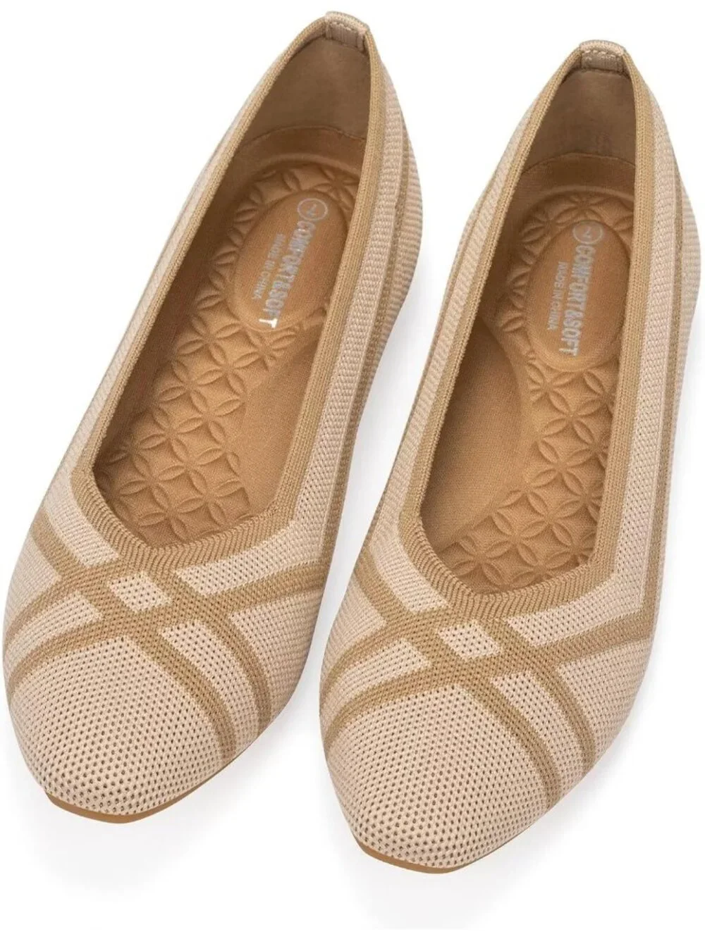 Frank Mully Women's Beige Rubber Knitted Square Toe Comfortable Slip On Flats